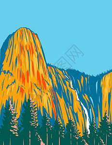 poster加利福尼亚州Yosemite国家公园内居住的山脚和巨人单极石哨岩 美国WPA Poster艺术背景