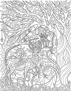 合成的书和树图小鹿躺在草地上 有拱树枝植物火灯无色线条画 野生小鹿在植被上休息与昆虫着色书页森林计算机风格产品文化叶子季节黑与白涂鸦元素插画