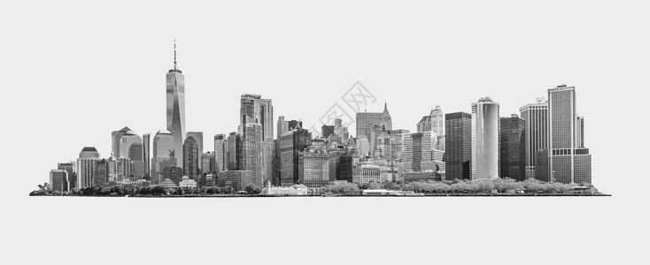 美国纽约市金融区和曼哈顿下城的黑白天际线全景 隔离在背景上地标高清图片素材
