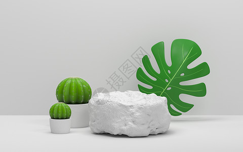 白背景的仙人掌和怪兽 3D进化石头推介会森林展示展览卡通片叶子植物学快乐植物背景图片