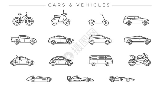 上路汽车和车辆概念线样式矢量图标集图表车轮运输信息旅行运动自行车赛车楷模掀背车设计图片