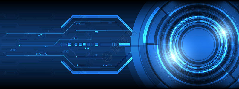 蓝色电路板图案上的抽象技术背景白色圆圈横幅活力速度插图电路工程显示器镜片按钮母板雷达背景图片