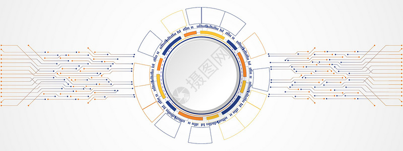 黑暗电路板图案蓝色和橙色渐变数字圆圈和电路板图案上的抽象彩色技术背景白色圆圈横幅商业橙子一体化创新电脑推介会数据母板插图网站插画