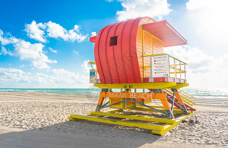 迈阿密海滩的救生站 佛罗里达州 美国 美国旅行旗帜蓝色装饰救生员支撑热带假期海洋小屋背景