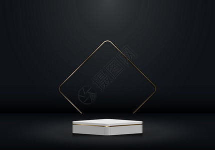金色立方体3D 逼真的白色和金色基座和金色方形边框背景插画
