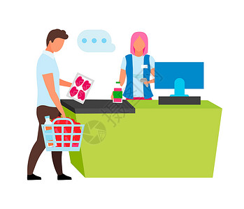 男人女人购物收银员扫描客户产品半平面彩色矢量字符设计图片