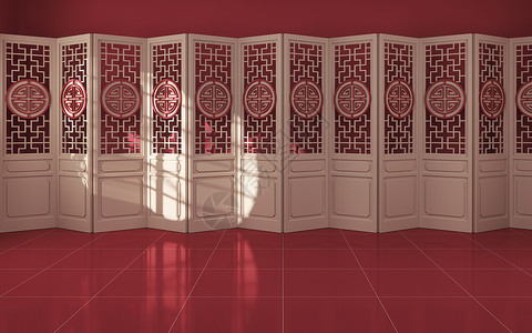 中式空房间和screen3d渲染建筑学木头家具红色文化屏幕艺术月球阴影渲染背景图片
