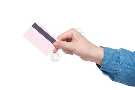 持有粉红信用卡的女性手交换女士零售顾客裁剪商业信用手指金融取款机背景图片
