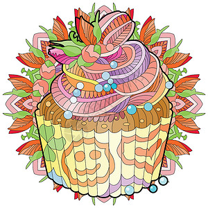 矢量小菜一碟与抽象饰品与曼陀罗成人插图禅绕涂鸦时间甜点糕点墙纸植物学调色师插画
