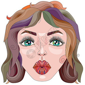 染色头发涂鸦女孩的脸 女性肖像装饰 矢量图成人嘴唇眼睛海报绘画黑色染色白色女士草图插画