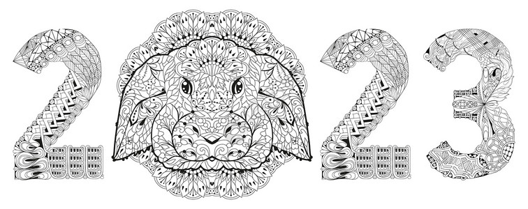 Zentangle 程式化的兔子编号 2023 手绘花边矢量插图为 colorin背景图片