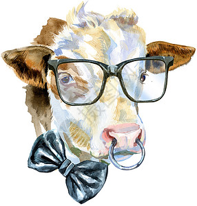 一头戴着眼镜和蝴蝶结的白牛的水彩插图高清图片
