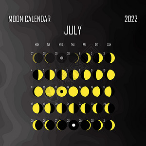 黑色日历2022 年 7 月月历 占星日历设计 规划师 贴纸的地方 月周期计划器模型 孤立的黑色和白色背景八字插图新月日程十二生肖主义者插画