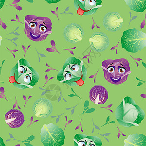 紫色豌豆花可爱的无缝模式与卡通 emoji 卷心菜插图微笑叶子包装食物季节蔬菜织物纺织品墙纸插画