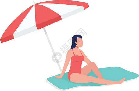 伞女人在太阳伞下晒日光浴半平面颜色矢量特征插画
