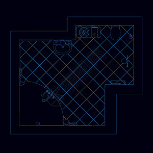 房间平面图深色背景上蓝线淋浴房平面图的轮廓 从上面看 它制作图案矢量插画
