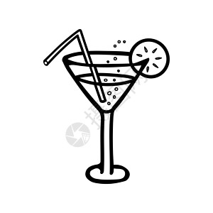 黑与白矢量图的玻璃与和一片 lemona 吸管 图标餐厅酒精橙子柠檬绘画气泡设计师素描饮料草图设计图片