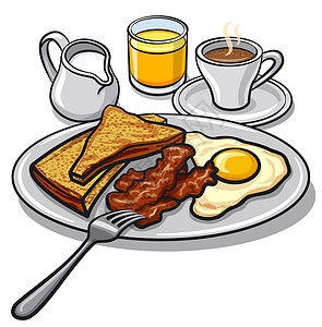 牛奶蛋黄英文早餐橙子咖啡盘子面包食物餐厅香肠火腿猪肉果汁插画