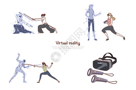 VR 耳机中的女性 sar 休闲健身训练击剑视频游戏数字娱乐未来科技旗帜背景图片