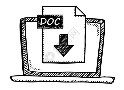 Doc在笔记本电脑屏幕上下载 doc 文件图标的矢量插图 手绘黑白涂鸦图像设计图片