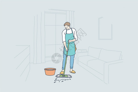 微笑的清洁工清洁工作职业家庭概念插画