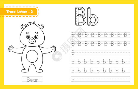 跟踪字母 B 的大写和小写 字母追踪练习学前工作表 供孩子们用可爱的卡通动物学习英语 的图画书 它制作图案矢量背景图片