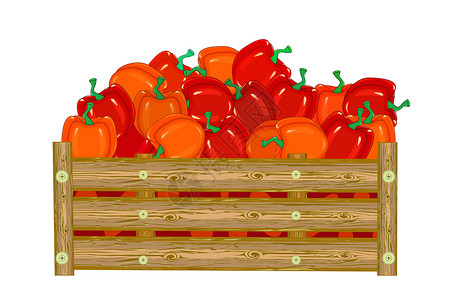 甜辣椒白色背景中带甜椒的木箱插画