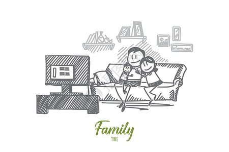 沙刻字手绘一家人一起在沙发上看电视设计图片