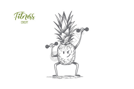 凤梨释迦健身理念 手绘孤立的矢量饮食菠萝微笑刻字草图活动铅笔食物工作损失设计图片