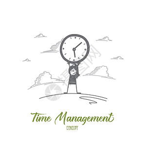时间管理概念 手绘孤立的矢量插图经理成功工作挑战草图手表商业铅笔警报背景图片