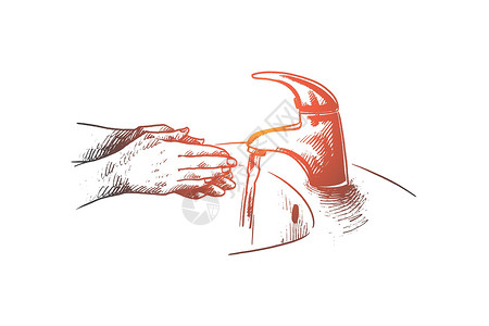 洗手关龙头洗手的概念 手绘孤立的矢量草图起重机感染身体皮肤铅笔安全卫生细菌发泡设计图片