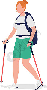 健步走活动背着背包旅行的女人半平面彩色矢量特征插画