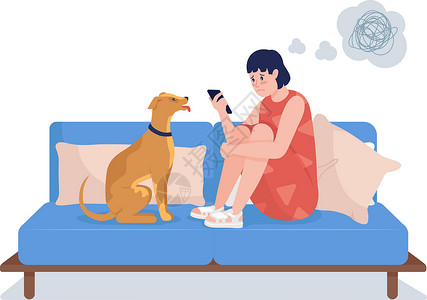 沙发和狗悲伤的女孩看着电话半平面颜色矢量特征设计图片