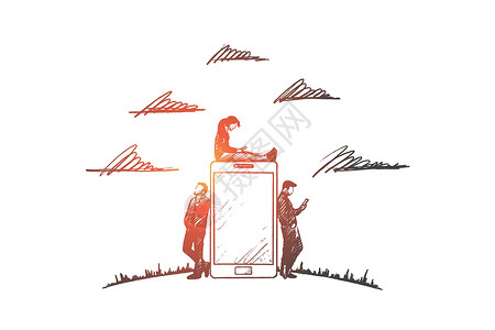 青年手机小工具时间概念 手绘孤立的矢量铅笔电话草图插图互联网手机网络女性屏幕团体设计图片