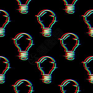 泡在西瓜汁里矢量无缝模式与小故障风格的灯泡线符号 电灯 在黑色背景上孤立的想法图标 解决方案思维概念 现代数字像素失真设计设计图片