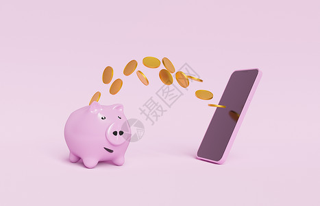用硬币飞向移动电话的小猪银行背景图片