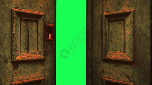 3d 插图通往绿色碎石的木门建筑艺术出口入口房子木头屏幕童年故事金属背景图片