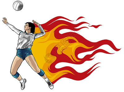 打鼓剪影粒子排球运动员与火焰的剪影 向量截击竞赛女性行动线条锦标赛活动比赛姿势插图插画