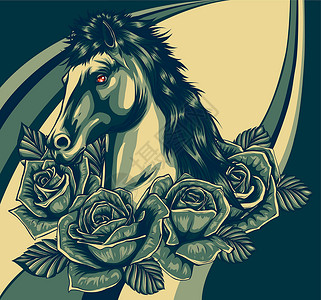 刺绣马头和野蔷薇dogrose花绣花缝纫装饰品织物荒野叶子衣服玫瑰插图力量背景图片
