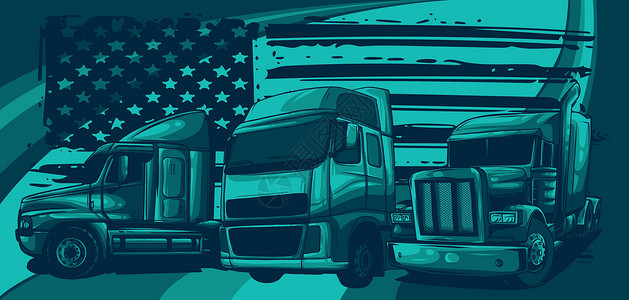 美国货车卡车经典美国卡车 矢量图和美国 fla货物车辆物流柴油机拖拉机货车白色车轮船运黑色插画