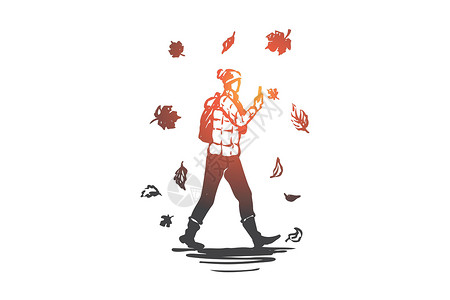 拿着枫叶男生概念 手绘孤立的矢量公园男人季节叶子男生城市街道夹克男性树叶设计图片