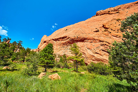 红岩的悬崖壁 紧靠一片平淡的绿绿草和树木背景图片