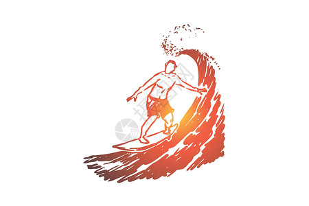 冲浪者的天堂运动概念 手绘孤立的矢量海浪自由冲浪者海报热带男人标识草图海滩冒险插画