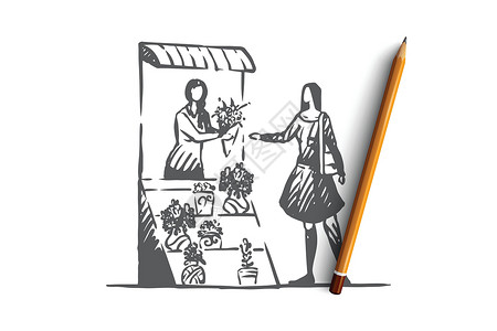 花店名片设计概念 手绘孤立的矢量插图零售花店植物女士销售服务花朵绿色幸福设计图片