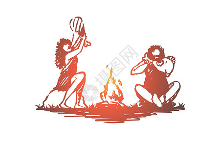 原始人篝火洞穴是一个古老的概念 手绘孤立的矢量男人猎人早餐插图人类学营火草图毛皮石器时代烘烤插画