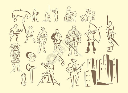 护具中世纪骑士城堡爵位弓箭身体艺术绘画草图旗帜堡垒决斗插画