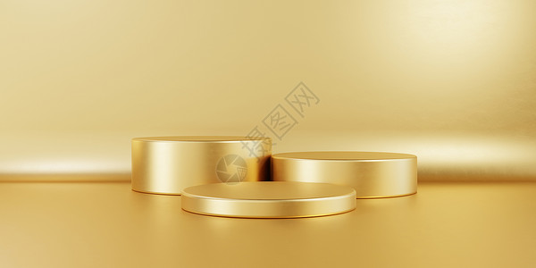 goldenGolden 3个圆柱产品品级黄金背景讲台桌 最短时装和化妆广告阶段模拟概念摘要 奖项背景 三维图解 显示图形设计背景