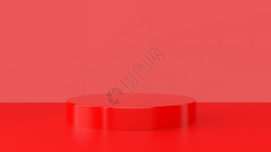 红色产品站在红色背景上 抽象的最小几何概念 工作室讲台平台主题 展览和商业营销展示阶段 3D插画渲染平面设计背景图片