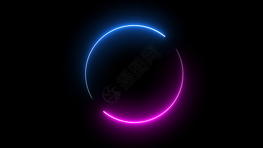 圆形相框 在孤立的黑色背景上带有两个色调的霓虹色阴影运动图形 蓝色和粉红色的光为覆盖元素移动 3D 插图渲染 中间留空边界激光辉背景图片