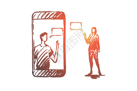 移动通信消息女人概念 手绘孤立的矢量男朋友女士男性女孩电话草图技术社会手机屏幕背景图片